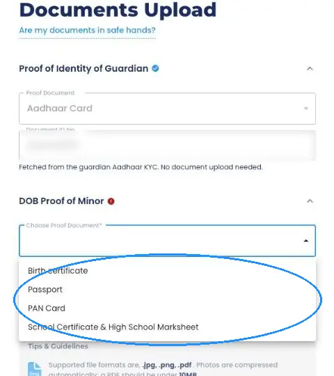 Choose the child date-of-birth proof such as the birth certificate