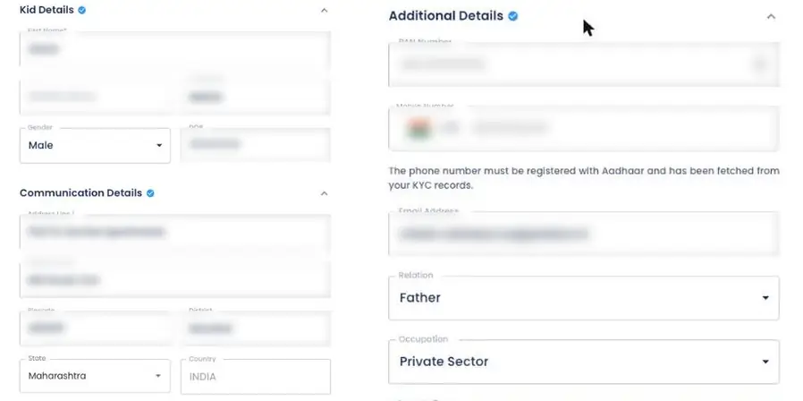 Fill in the kid details and the guardian details in the NPS Vatsalya form